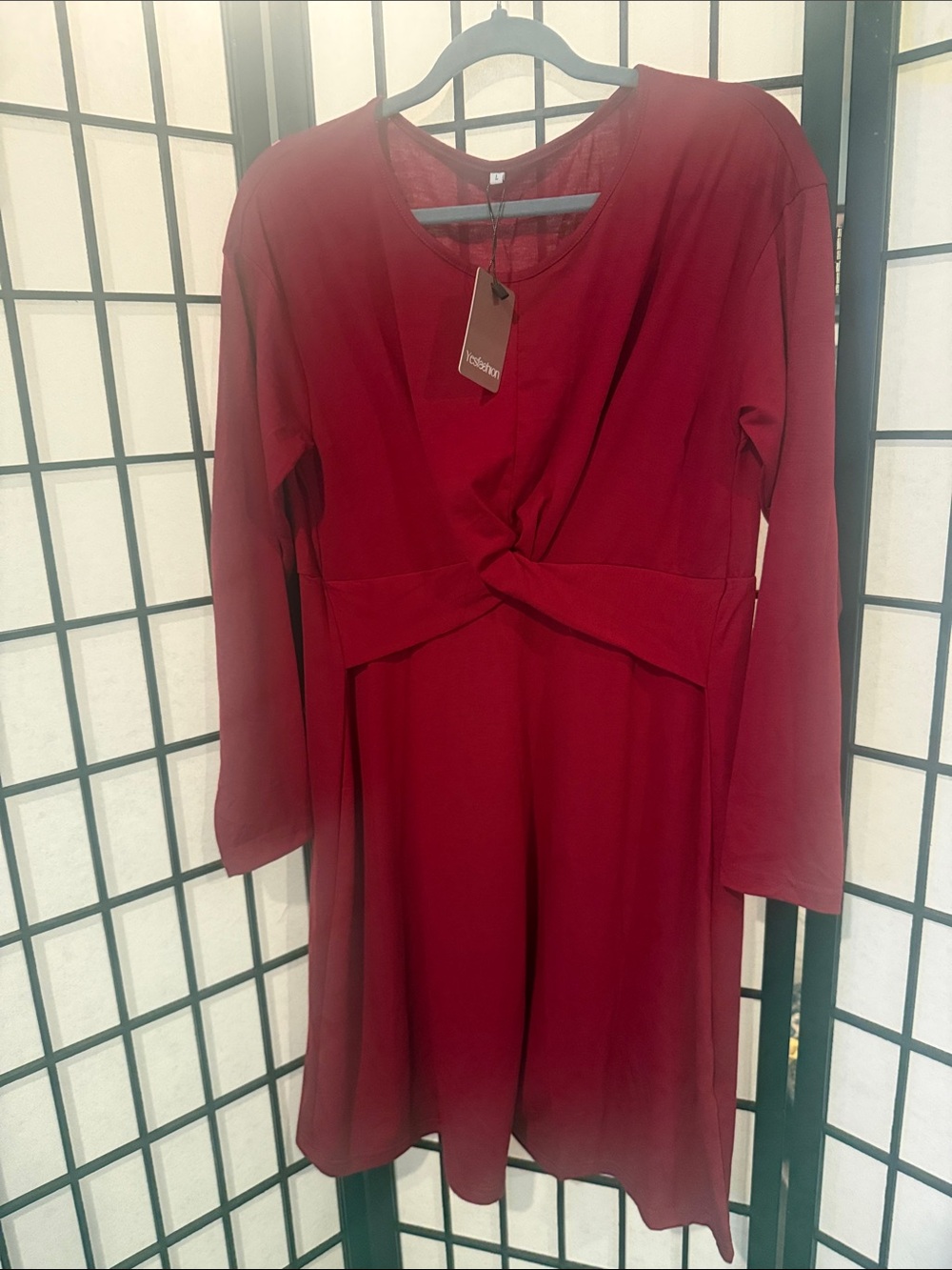 Twist-Front Long Sleeve Dress in Wine Red